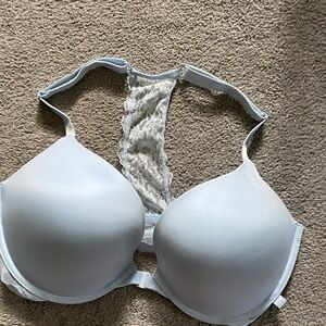 Victoria Secret Light Blue Lace Racerback push-up bra front closure